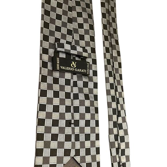 Valerio Garati Pure Silk Hand Made Square Pattern Tie Mens Necktie Black Gray - Picture 11 of 12